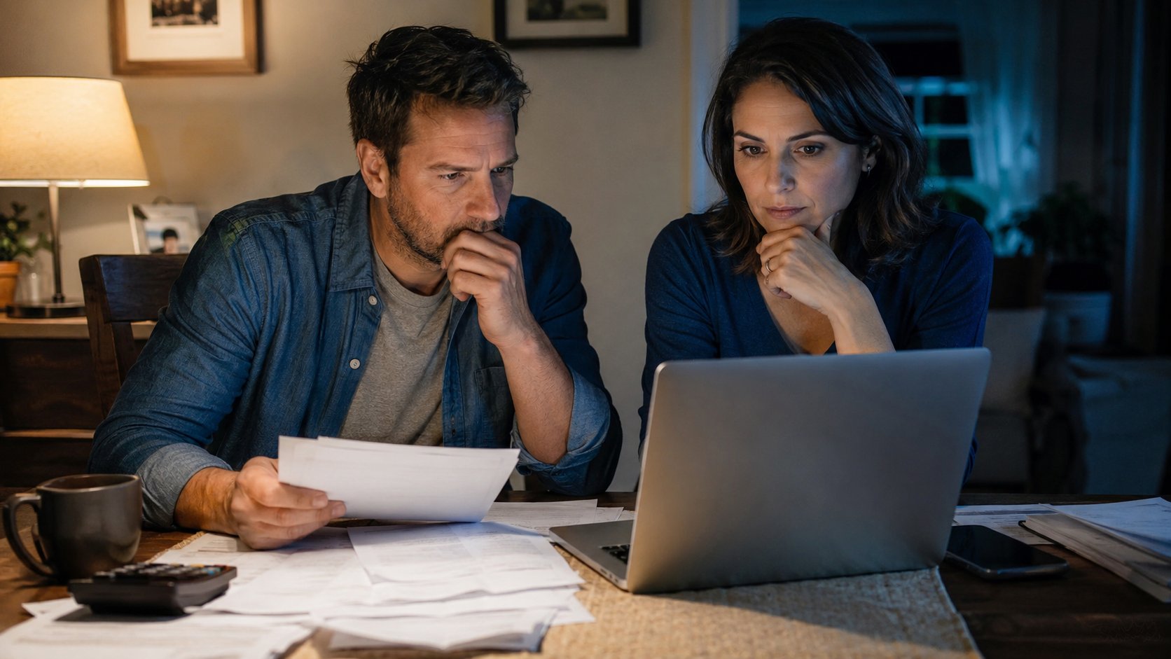 Distressed couple reviewing household bills — debt consolidation